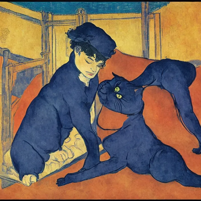 Prompt: couple under a baldachin. deep indigo blue colors, fuzzy black cat. henri de toulouse - lautrec, utamaro, emil nolde, matisse, rene magritte