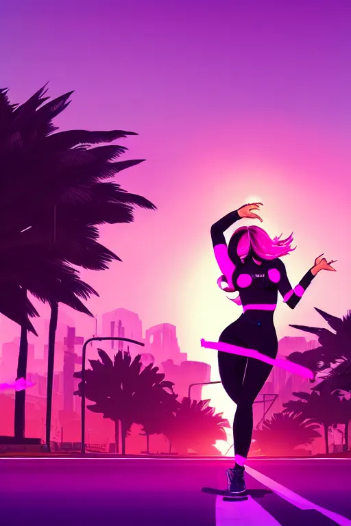 Image similar to a stunning GTA V loading screen with a beautiful dancing woman with ombre purple pink hairstyle, hair blowing in the wind, sunset mood, outrun, vaporware, retro, digital art, trending on artstation