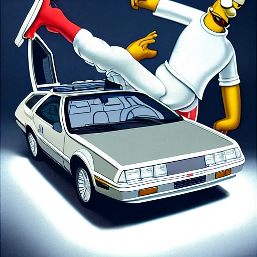 Prompt: Homer Simpson driving a DMC DeLorean, 80s style, very detailed, dramatic laser lighting, electrical details, high details, 4k, 8k, trending on artstation, by Hajime Sorayama and Boris Vallejo