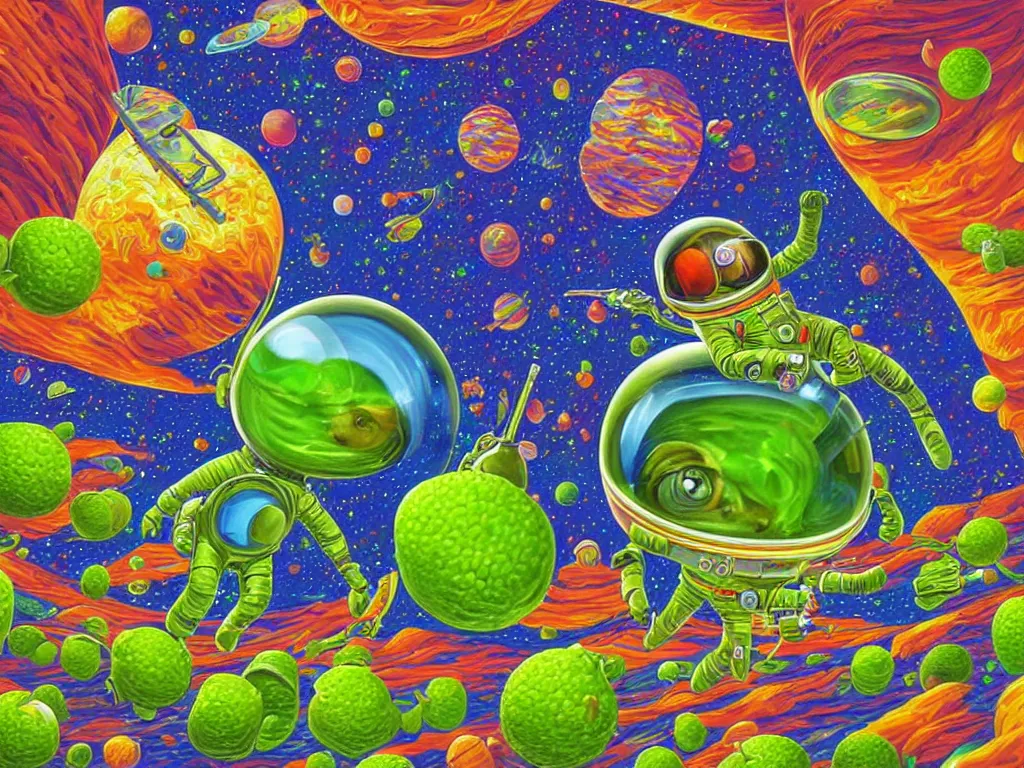 Prompt: a digital painting of a astronaut without a helmet!!!!!! floating in a bright colorful alien ocean surrounded by limes!!!!!!, sharp focus, retro futuristic by todd schorr