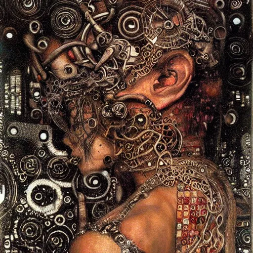 Image similar to depraved cybernetic demon, circuitry, intricate detail, klimt, royo,