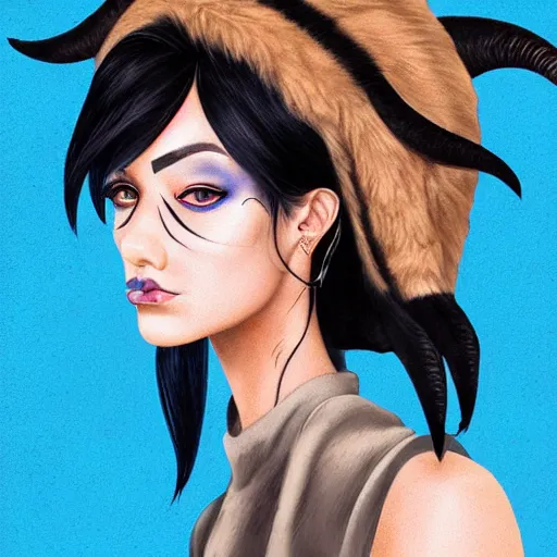 Image similar to illustrated realistic portrait of ram-horned devil woman with blue bob hairstyle and her tan colored skin and with solid black eyes wearing leather by rossdraws