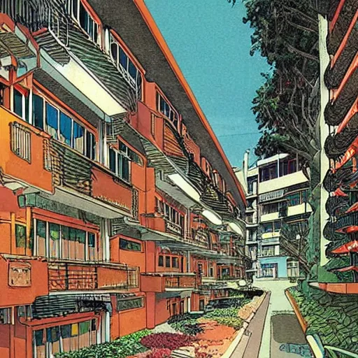 Image similar to walking through a housing estate in singapore, by moebius