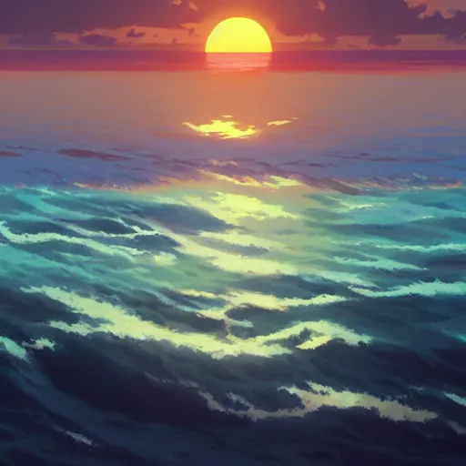 Image similar to a beautiful illustration of the ocean at sunrise by Makoto Shinkai