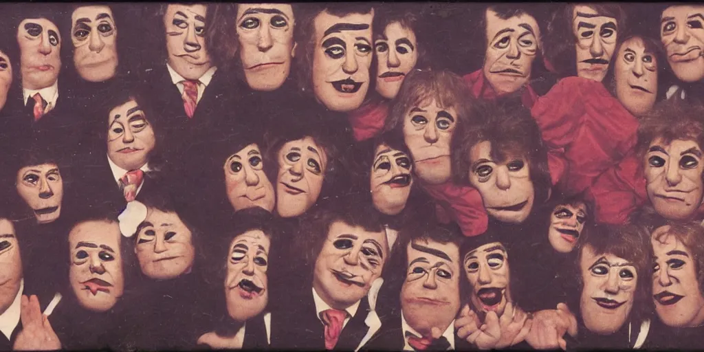 Image similar to midget band with faces on their chest, 1980s surrealism aesthetic, detailed facial expressions