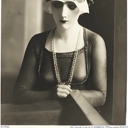 Image similar to photograph of a woman wearing weimar berlin fashion, 1 9 2 0's, looking at the camera, aesthetic, elaborate, intricate, highly detailed, detailed face, photorealism, smooth, sharp focus, rim light, art by man ray,