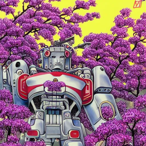 Image similar to a beautiful painting of a large humanoid mecha shrouded by mystic nebula magic in a field of flowers by hiroshi nagai and hirohiko araki, detailed line art