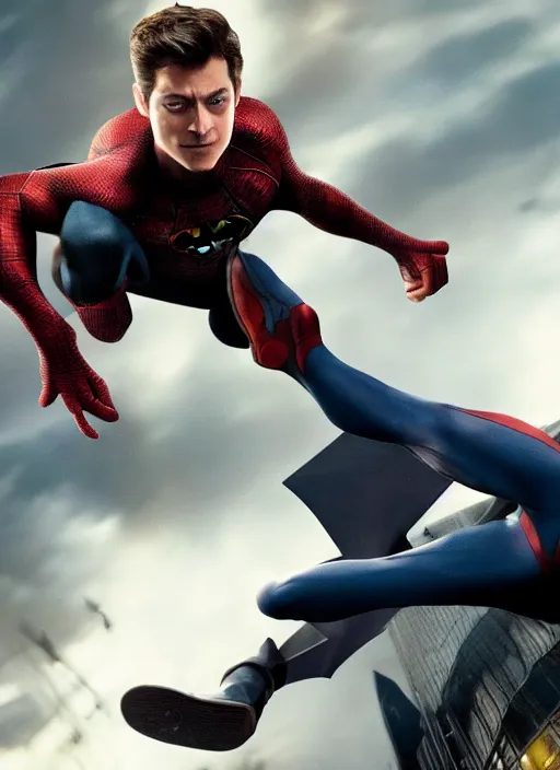 Image similar to film still of Peter Parker stealing Batman's Suit, 4k