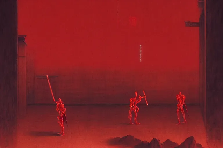 Image similar to only with red, a red cyborg samurai, tokio futuristic in background, some evil yokai fight, in the style of beksinski, parts by edward hopper, parts by rodcenko, parts by yue minjun, intricate and epic composition, red by caravaggio, insanely quality, highly detailed, masterpiece, red light, artstation, 4 k