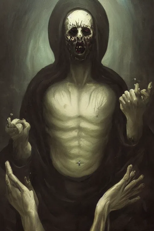 Prompt: portrait of an ominous mysterious horrific omniscient religious figure performing a dark ritual, oil on canvas, romanticism style, ornate, elegant, highly detailed, surrealism, concept art, trending on artstation