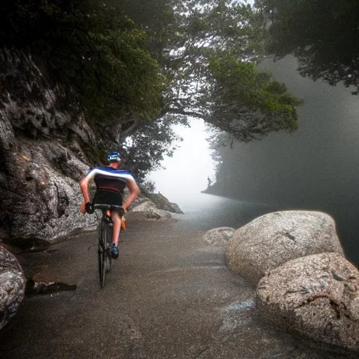 Prompt: a scene from a fever dream, Bicycling on a rocky path in 1st person entering the scary murky ocean!! Fog! Ultra realistic! 25mm f/1.7 ASPH Lens!