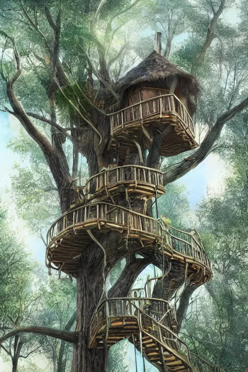 Prompt: a beautiful very very tall treehouse during spring season, trending on artstation, very realistic, photorealistic, 1 4 k hd quality, highly detailed, vibrant, more coherent, super high quality, hyper realistic