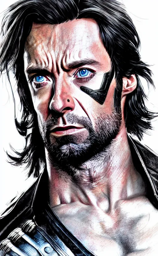 Image similar to portrait of hugh jackman as bucky barnes from the avengers infinity war, character concept art, hyperrealistic, detailed, accurate illustration, dramatic lighting, action pose