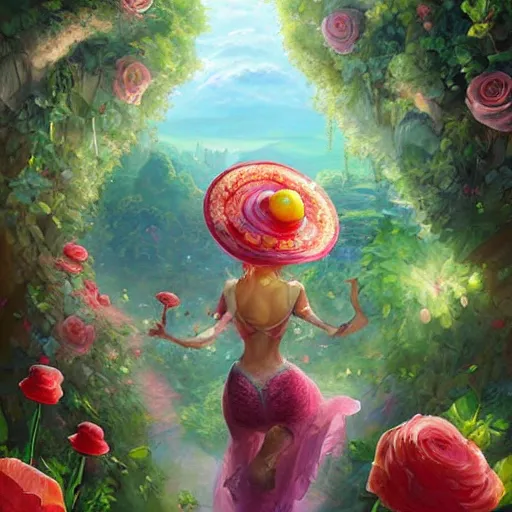 Image similar to portrait of princess peach, running up a hill of exotic flowers in the Mushroom Kingdom, giant mushrooms, and roses, from behind, Castle in distance, birds in the sky, sunlight and rays of light shining through trees, beautiful, solarpunk!!!, highly detailed, digital painting by Michael Garmash and Peter Mohrbacher