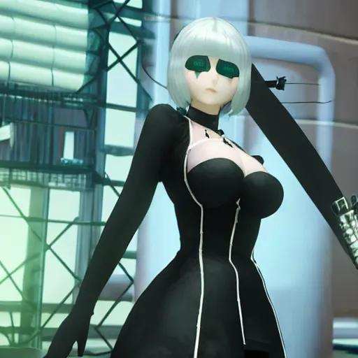 Image similar to Walter White cosplaying as 2B, Nier Automata, 2B's black dress, screenshot