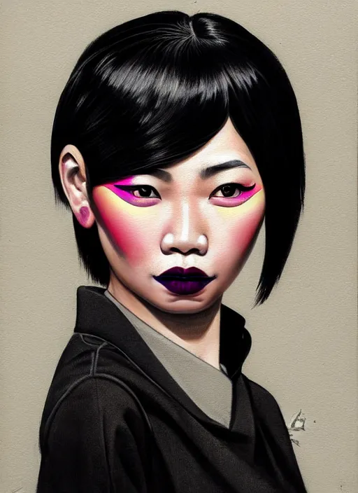 Image similar to portrait of a thai woman with crooked nose and a confident expression, 1 9 6 0 s, black clothes, goth, punk, brightly coloured hair, funk, intricate, elegant, highly detailed, digital painting, artstation, concept art, smooth, sharp focus, illustration, art by wlop, mars ravelo and greg rutkowski