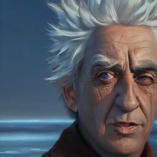 Image similar to rick sanchez closeup portrait, dramatic light, lake background, 2 0 0 mm focal length, painted by stanley lau, painted by greg rutkowski, painted by stanley artgerm, digital art, trending on artstation