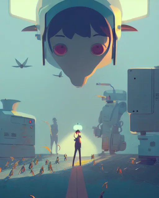 Prompt: a robot surrounded by a flock of birds, cory loftis, james gilleard, atey ghailan, makoto shinkai, goro fujita, character art, exquisite lighting, clear focus, very coherent, plain background, soft painting
