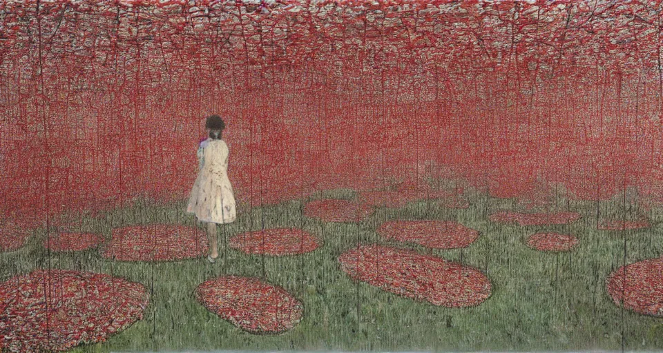 Prompt: A painting of an English Garden in summer, dawn, by Chiharu Shiota