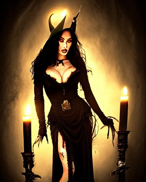 Image similar to megan fox witch queen, black eyes, blood, full body, intricate victorian dress, cinematic lighting, symmetrical eyes, rafael albuquerque, charlie bowater, frank frazetta, moody lighting, candles