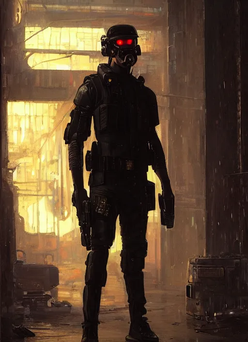 Image similar to cyberpunk police trooper in a military vest ( blade runner 2 0 4 9, cyberpunk 2 0 7 7 ). orientalist portrait by john william waterhouse and james gurney and theodore ralli and nasreddine dinet, oil on canvas. cinematic, hyper realism, realistic proportions, dramatic lighting, high detail 4 k