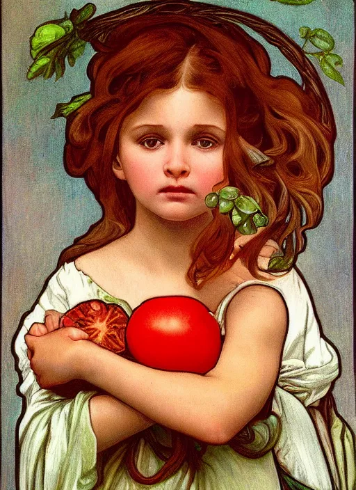 Image similar to Girl with a tomato, in the style of Raphael and Mark Ryden and Alphonse Mucha,