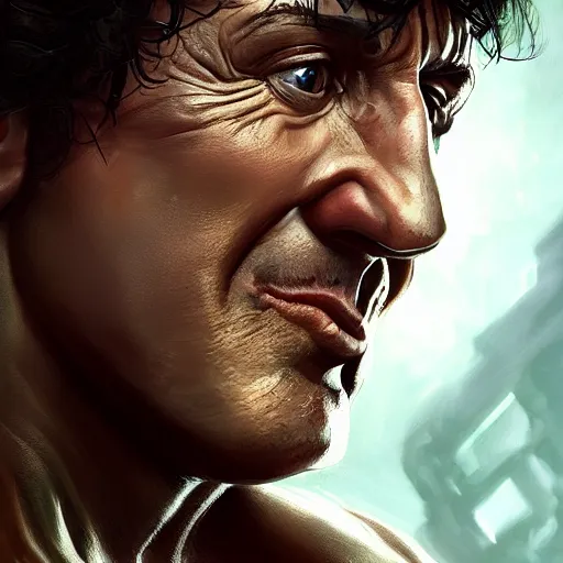 Image similar to Sylvester Stallone boxing master, closeup, D&D, fantasy, intricate, elegant, highly detailed, digital painting, artstation, concept art, matte, sharp focus, illustration, hearthstone, art by Artgerm and Greg Rutkowski and Alphonse Mucha