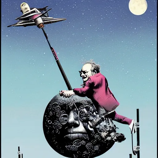 Prompt: Danny Devito riding a moon rocket painted by Dan Hillier