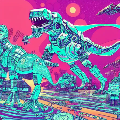 Prompt: beautiful detailed comic illustration, psychedelic fractals and robot mecha dinosaurs, cyberpunk, white, pink, blue, turquoise, orange, pastels