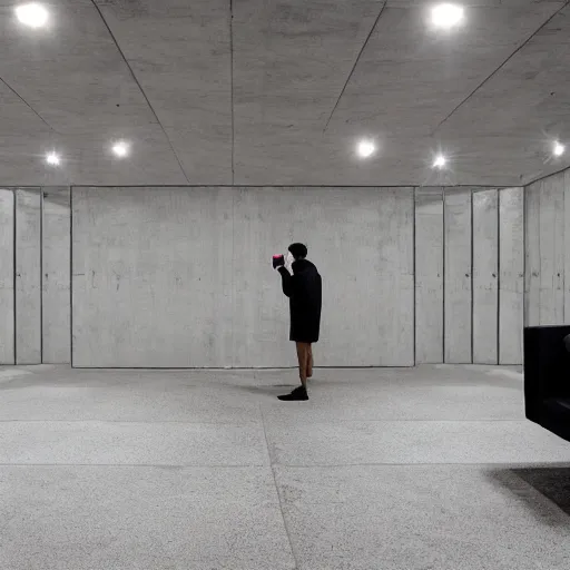 Prompt: a man taking a selfie in a minimalistic concrete room, standing on the edge of a rectangular pond in the center of the room surrounded by upholstered sofas, a tilt shift photo by leandro erlich, featured on cg society, kitsch movement, hall of mirrors, high dynamic range, studio portrait