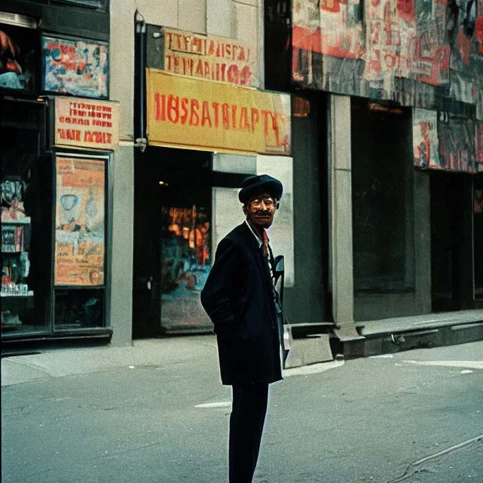 Prompt: medium format film candid portrait of a man in new york by street photographer from the 1 9 6 0 s, hasselblad film man portrait featured on unsplash, damaged colour film,