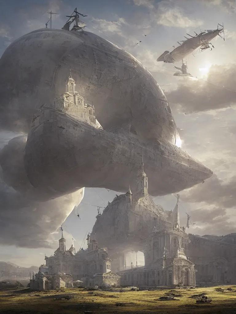 Image similar to a large dieselpunk airship is standing in the air over a splendid white church in russia, full morning sun, matte painting by greg rutkowski, markus vogt