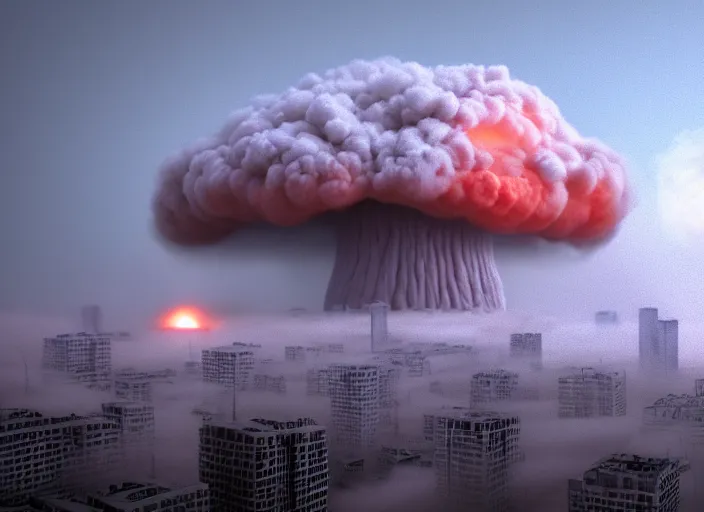 Image similar to soft drawing of a photorealistic life-like nuclear explosion with a mushroom cloud and shockwaves with dust and fog in the city. Centered. Horror dystopia style. Highly detailed 8k. Intricate. Nikon d850 300mm. Award winning photography.