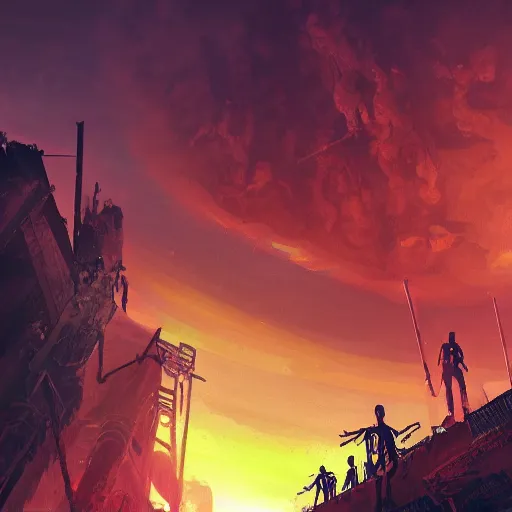 Image similar to apocalyptic futuristic world, sunset, skeletons rising from the ground, colorful sky, distant burning fires, skeleton walking around, destroyed buildings, street view, concept art, fantasy, illustration, 8 k, high detail, artstation award