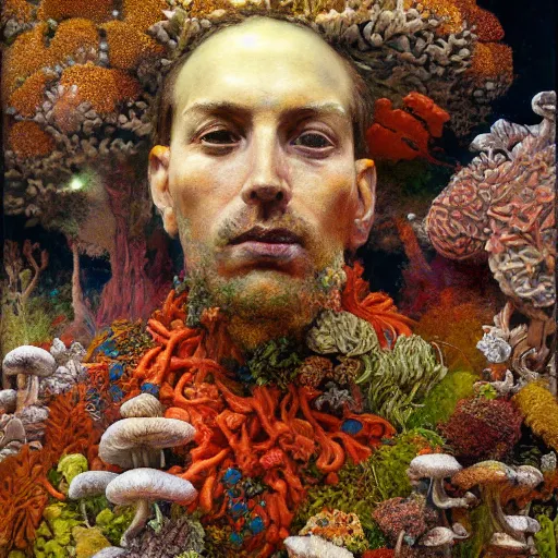 Prompt: a sculpture portrait made of smoke mushrooms and coral reefs and crystals and plants, painting part by wojciech siudmak, part by ilya repin, part by max ernst, part by norman rockwell, artstation