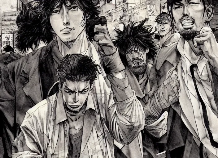 Prompt: a riot in the streets, by takehiko inoue and kim jung gi and hiroya oku, masterpiece illustration, ultrarealistic, perfect face and anatomy, golden ratio