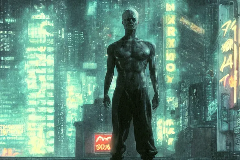 Image similar to roy batty with a bare torso sits in the lotus position with his head bowed in the rain on the roof of a building in the cyberpunk future, around neon signs, a little haze, night, realistic proportions, anime style ghost in armor