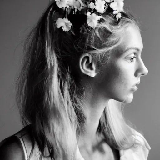 Image similar to vintage photograph of an olive skinned blonde female model in her twenties looking down, her hair pinned up with flowers, wearing a designer top, looking content, focused on her neck, photo realistic, extreme detail skin, natural beauty, no filter, slr, golden hour, 8 k, high definition, selfie