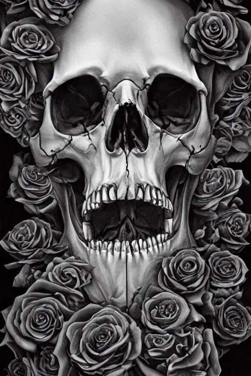 Prompt: A hyper-realistic and beautiful painting of a human skull adorned with black roses , detailed and intricate , horror, creepy, memento mori , smoke, ominous, unnerving , matte painting, cinematic, cgsociety, as featured in Artstation, James jean, Brian froud , rossdraws hyperrealism, award winning artwork, trending on artstation, high quality printing, fine art with subtle redshift rendering
