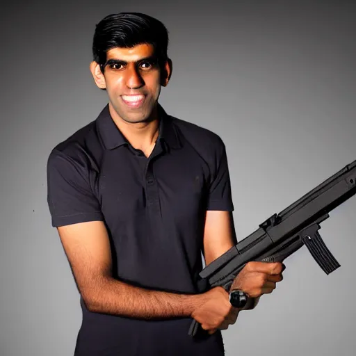 Image similar to Medium shot photograph of Rishi Sunak holding an AK-47, 8k, ultrahd