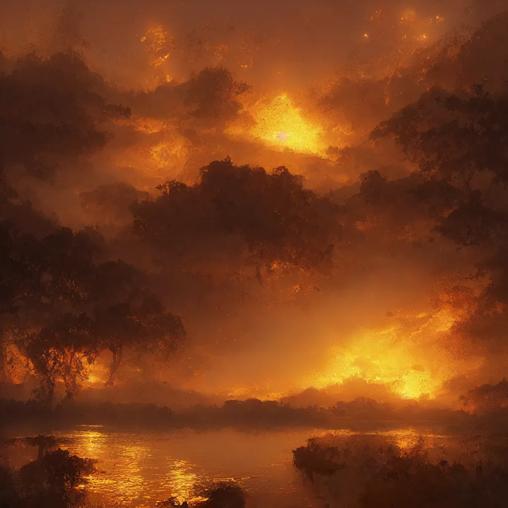 Image similar to lake filed with molten gold, volume lighting, concept art, by greg rutkowski