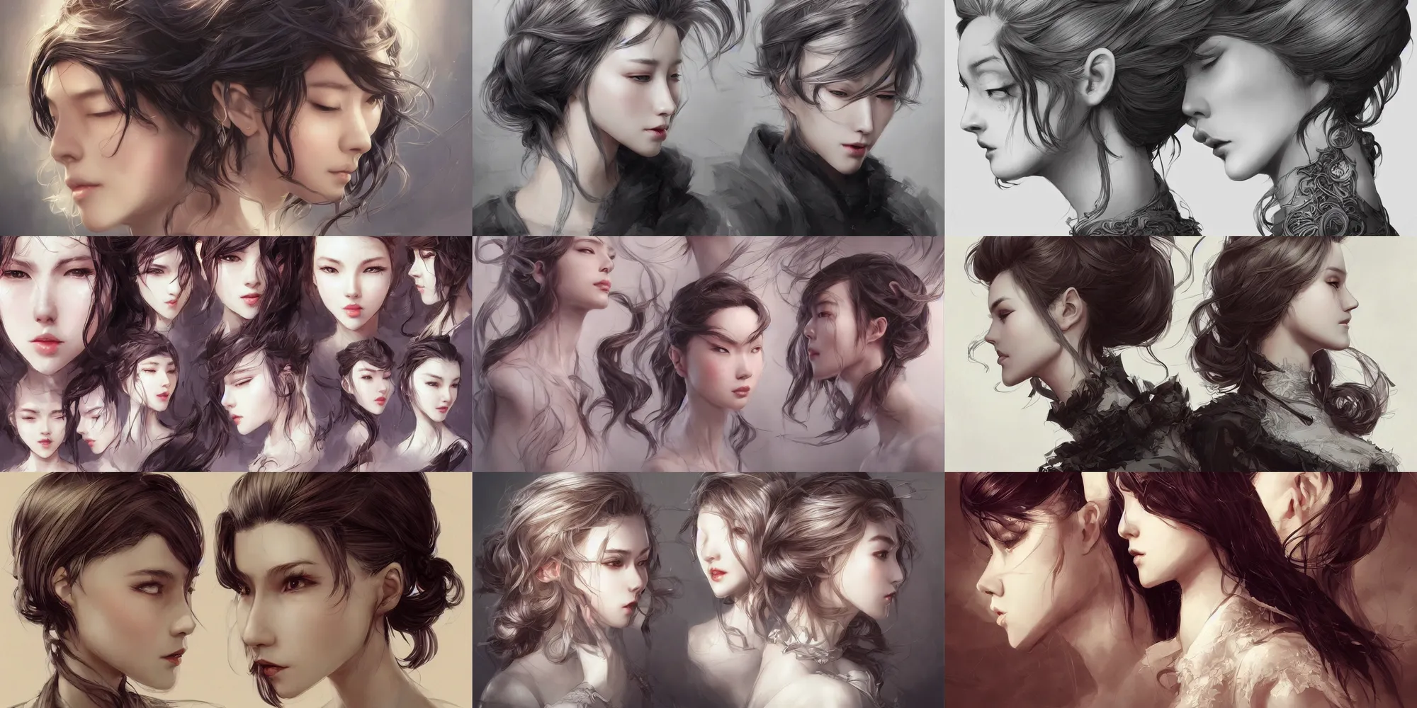 Prompt: head designs, concept art, mid 2 0's female, unique hairstyles, by qui fang and artgerm, wlop, art by artgerm and yuxiang chen, intricate, elegant, highly detailed, digital art, artstation, concept art, sharp focus, illustration, beautiful sunlight and shadows