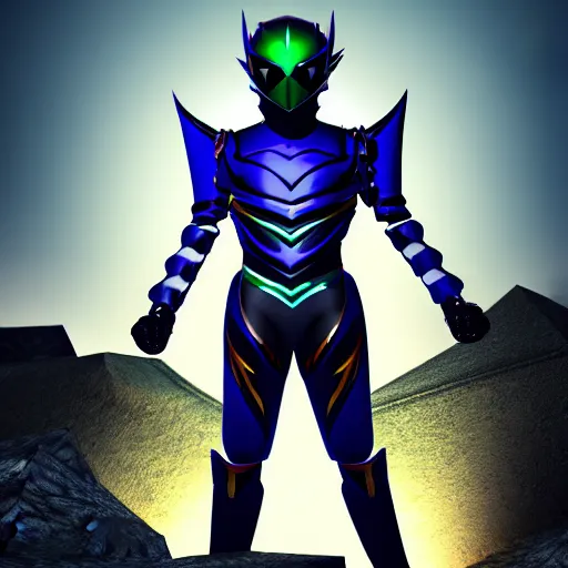 Image similar to High Fantasy Kamen Rider standing in a rock quarry, single character full body, 4k, glowing eyes, daytime, rubber suit, dark blue armor, segmented armor, centered