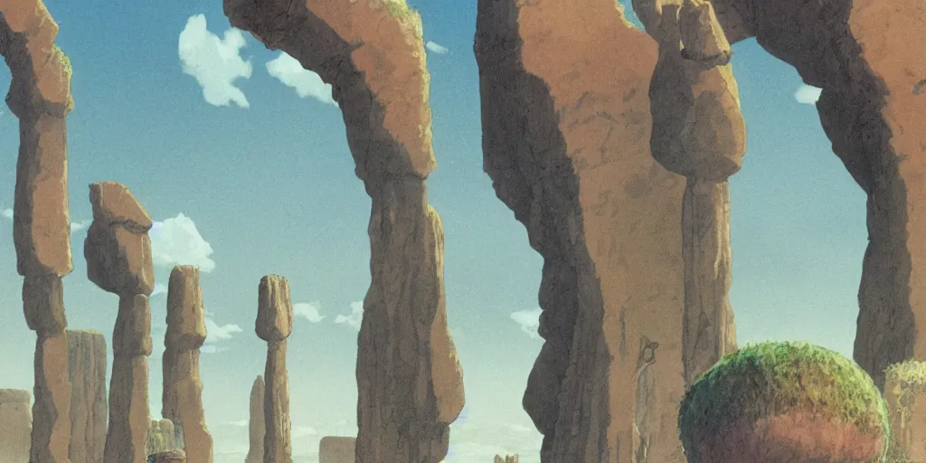 Image similar to a realistic cell - shaded studio ghibli concept art from paprika ( 2 0 0 6 ) of an anthropomorphic dolphin from close encounters of the third kind ( 1 9 7 7 ) in a flooded monument valley stonehenge. very dull colors, wide shot, hd, 4 k, hq