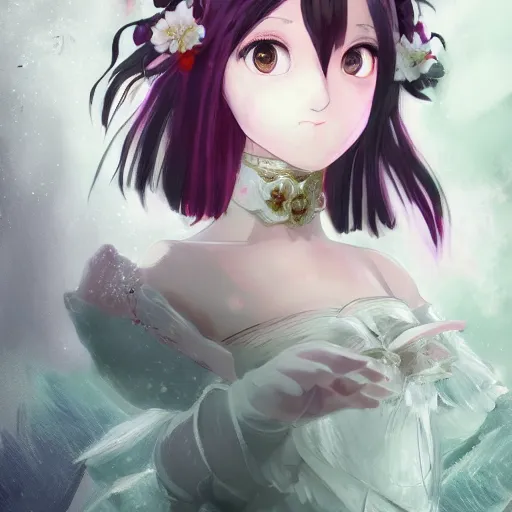Prompt: Puella Magi Madoka Magica concept art, anime portrait of a beautiful magical girl, digital painting, elegant dress, intricate, bow, super detailed face and eyes, WLOP, Tran Ross, illustration, artgerm, trending on artstation, trending on pixiv, hyperdetailed, Unreal Engine 4k, 8k, ultra HD