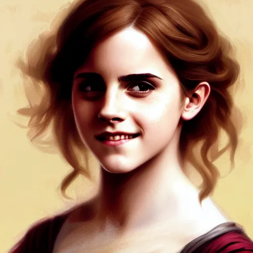 Prompt: Emma Watson as Hermione Granger. Happy. Cheerful. Smiling. Western. Closeup. Fantasy. Intricate Elegant. Highly detailed. Digital painting. Artstation. Concept art. Matte. Sharp focus. Illustration. 4K. Art by William-Adolphe Bouguereau.