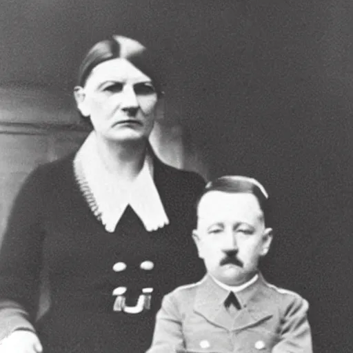 Prompt: Adolf Hitler's mom is holding his ears as a punishment