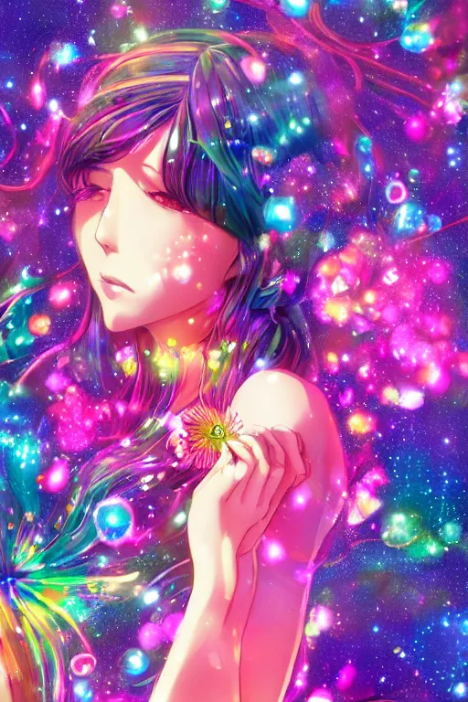 Image similar to psychedelic, whimsical, anime, 4k, beautiful intimate woman with professional makeup, long trippy hair, a crystal and flower dress, bathing in a reflective pond, underneath the stars, rainbow fireflies, trending on patreon, deviantart, twitter, artstation, volumetric lighting, heavy contrast, art style of Ross Tran and Ilya Kuvshinov