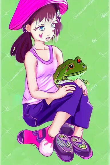 Prompt: a beautiful little girl wearing a mushroom hat sitting on her bed petting a frog in her lap | | purple hair, pretty face, sharped details, in yokai watch art style, trending on pixiv, anatomically correct