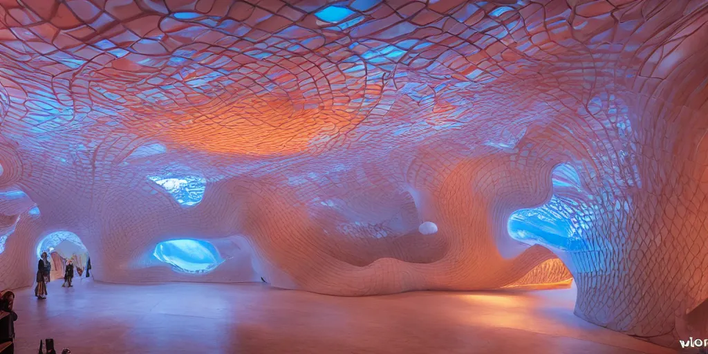 Image similar to extremely detailed awe stunning beautiful futuristic smooth curvilinear museum interior, translucent gills, hyper real, 8k, colorful, 3D cinematic volumetric light, atmospheric light